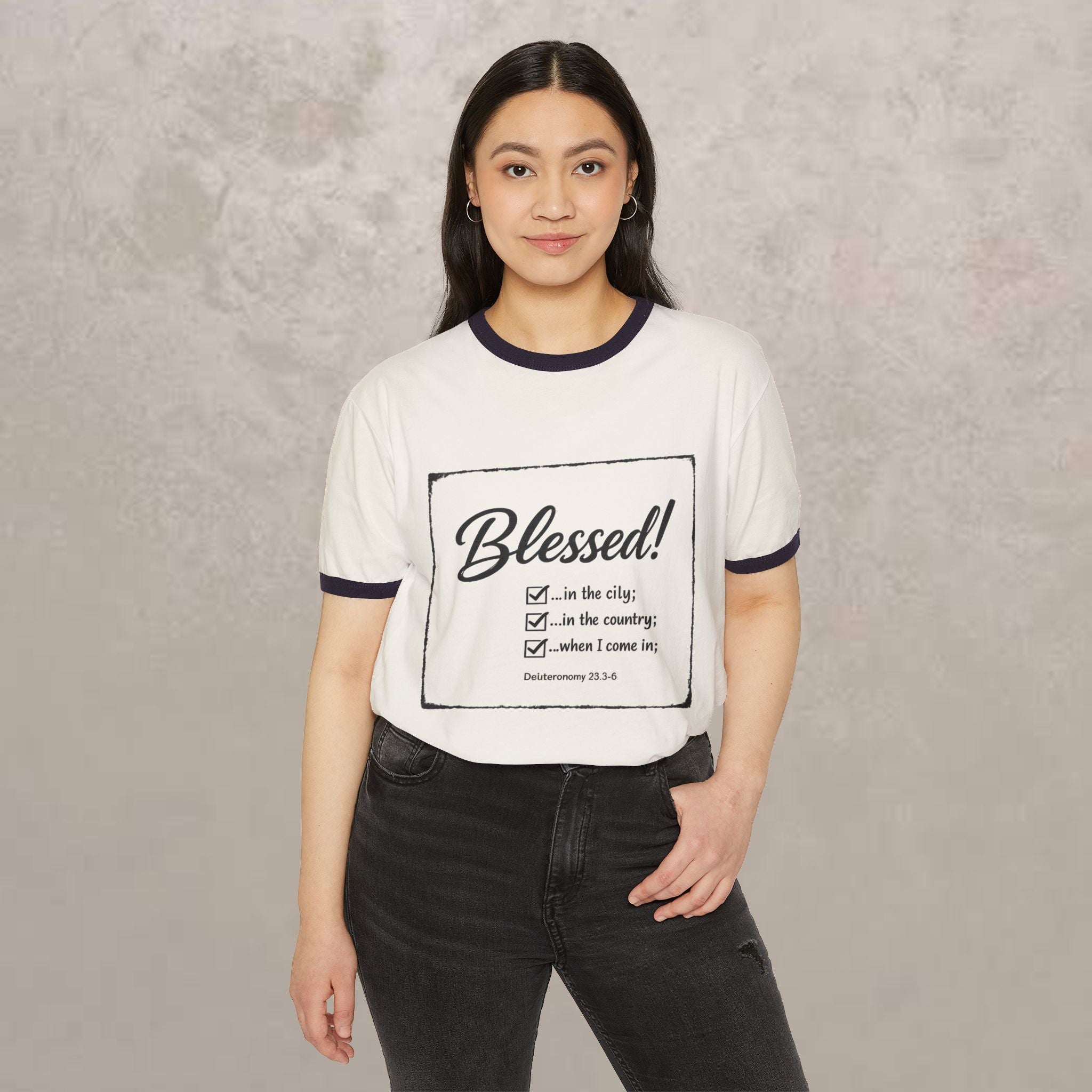 Blessed! Ringer T-Shirt — Christian Faith Graphic Tee (Blessed in the City, Country, Home)