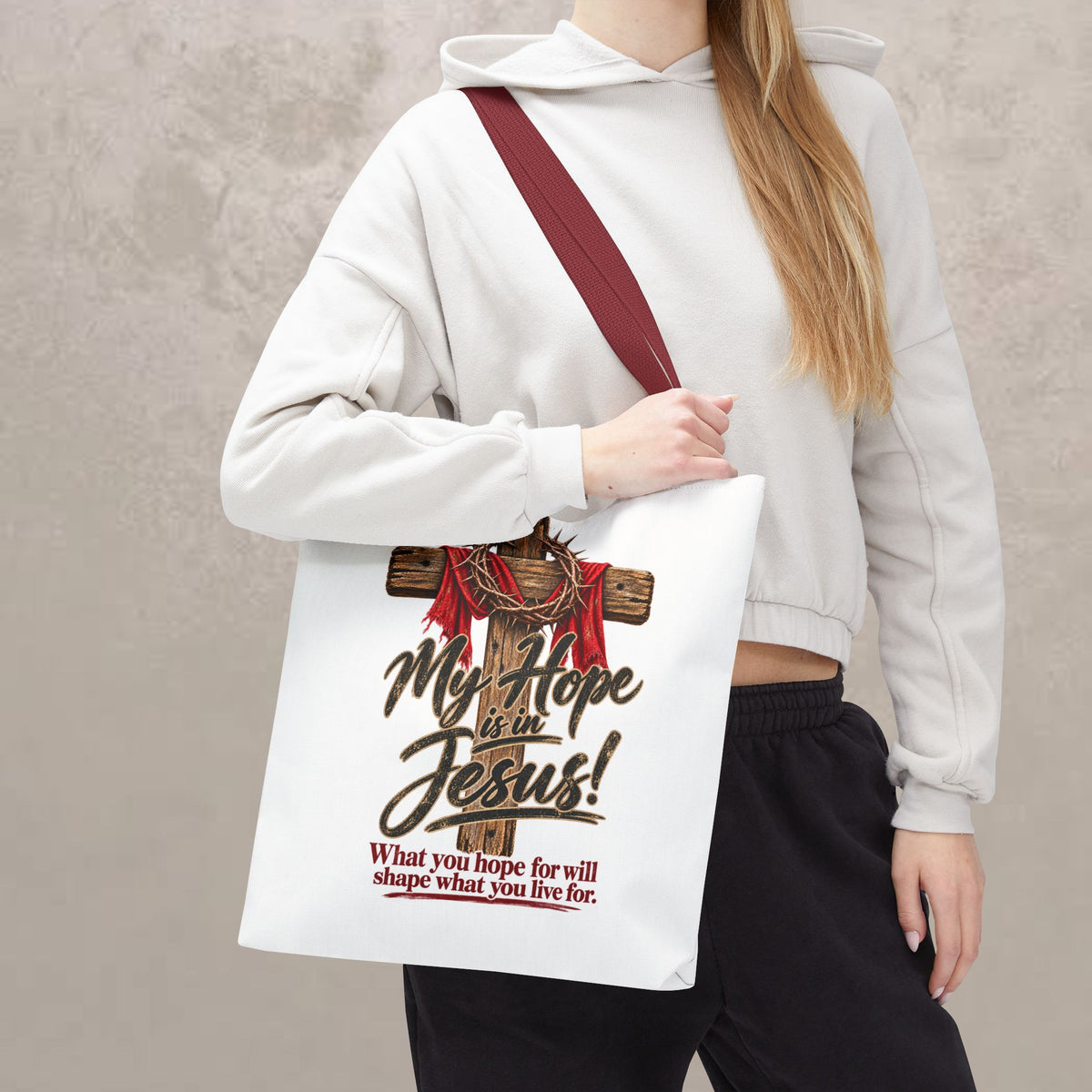 Christian Cross Tote Bag — "My Hope is in Jesus" Inspirational Canvas Tote