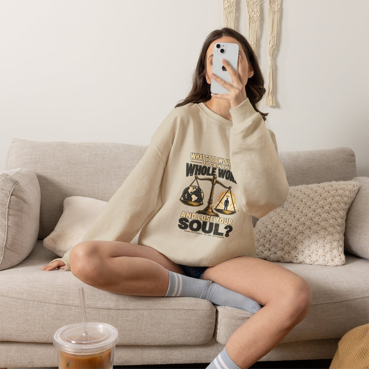 What Good Is It to Gain the Whole World and Loose Your Soul - Inspirational Scales Graphic Crewneck Sweatshirt