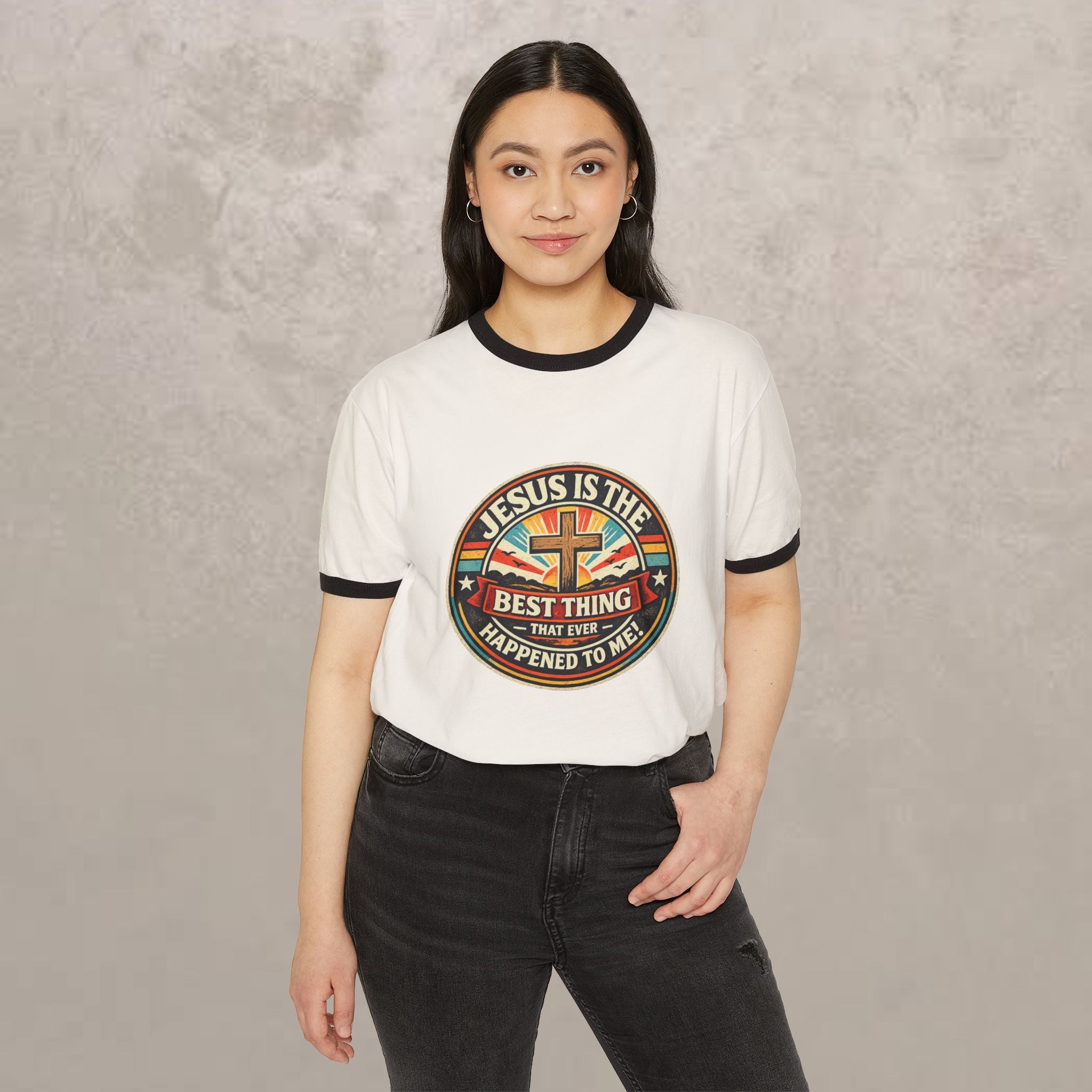 Christian Ringer T-Shirt — "Jesus Is The Best Thing That Ever Happened To Me" Vintage Cross Design