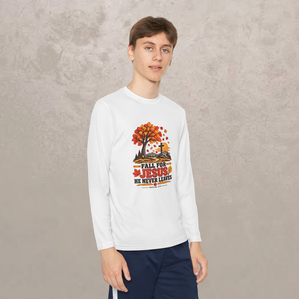 Youth  - Fall for Jesus - He Never Leaves - Autumn Long Sleeve Tee