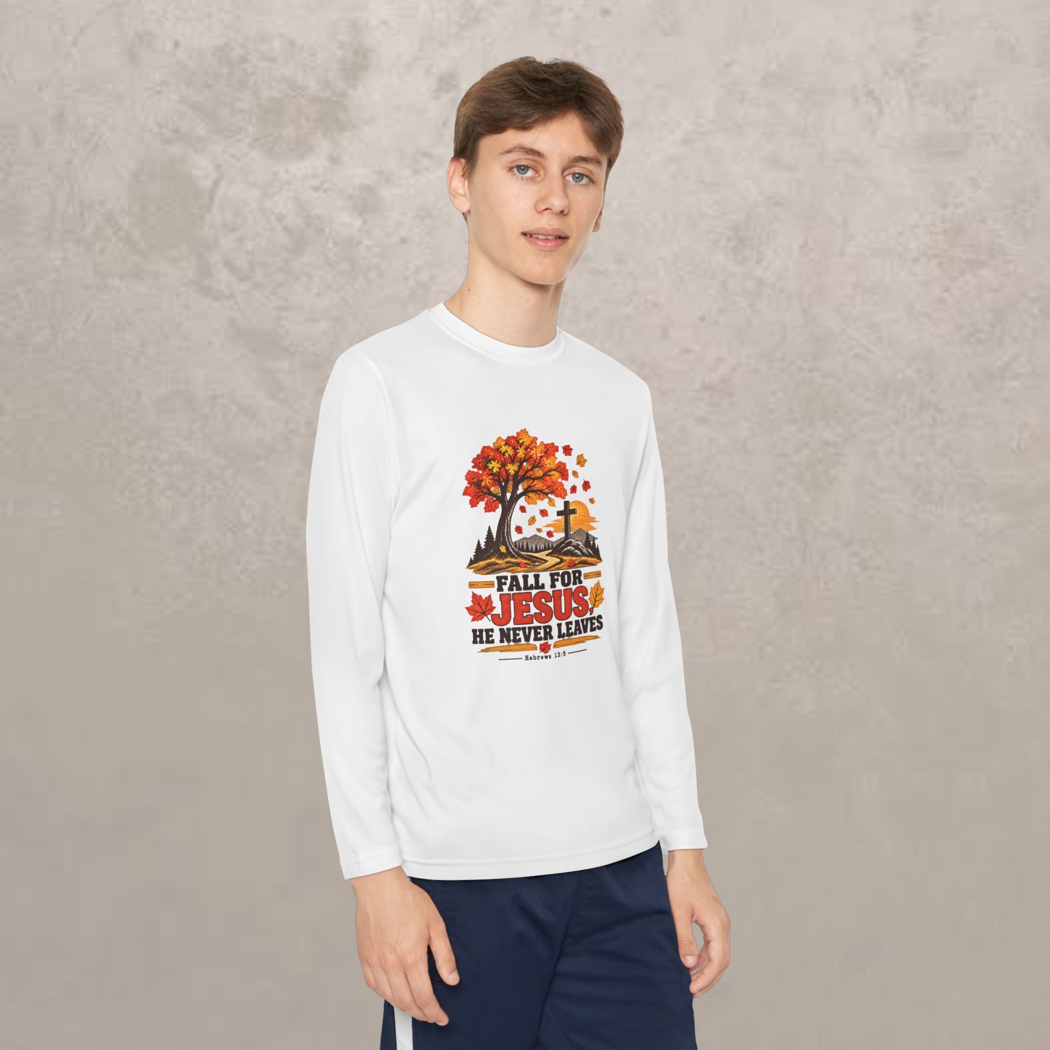 Youth  - Fall for Jesus - He Never Leaves - Autumn Long Sleeve Tee