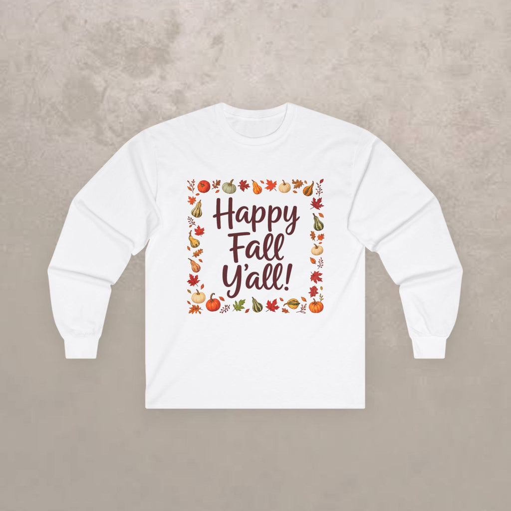 Adult - Happy Fall Y'all - Autumn Leaves Pumpkin Long Sleeve Tee
