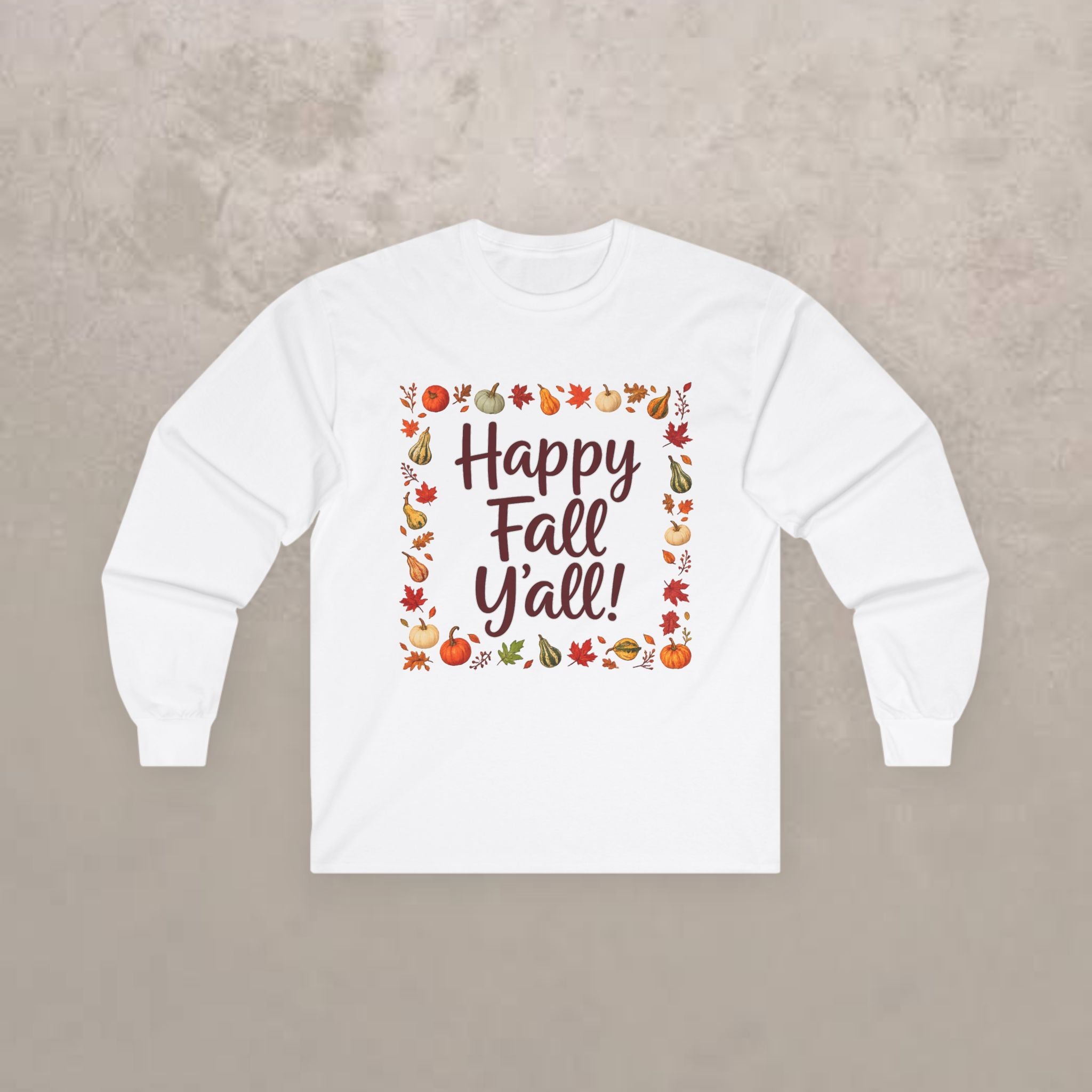 Adult - Happy Fall Y'all - Autumn Leaves Pumpkin Long Sleeve Tee