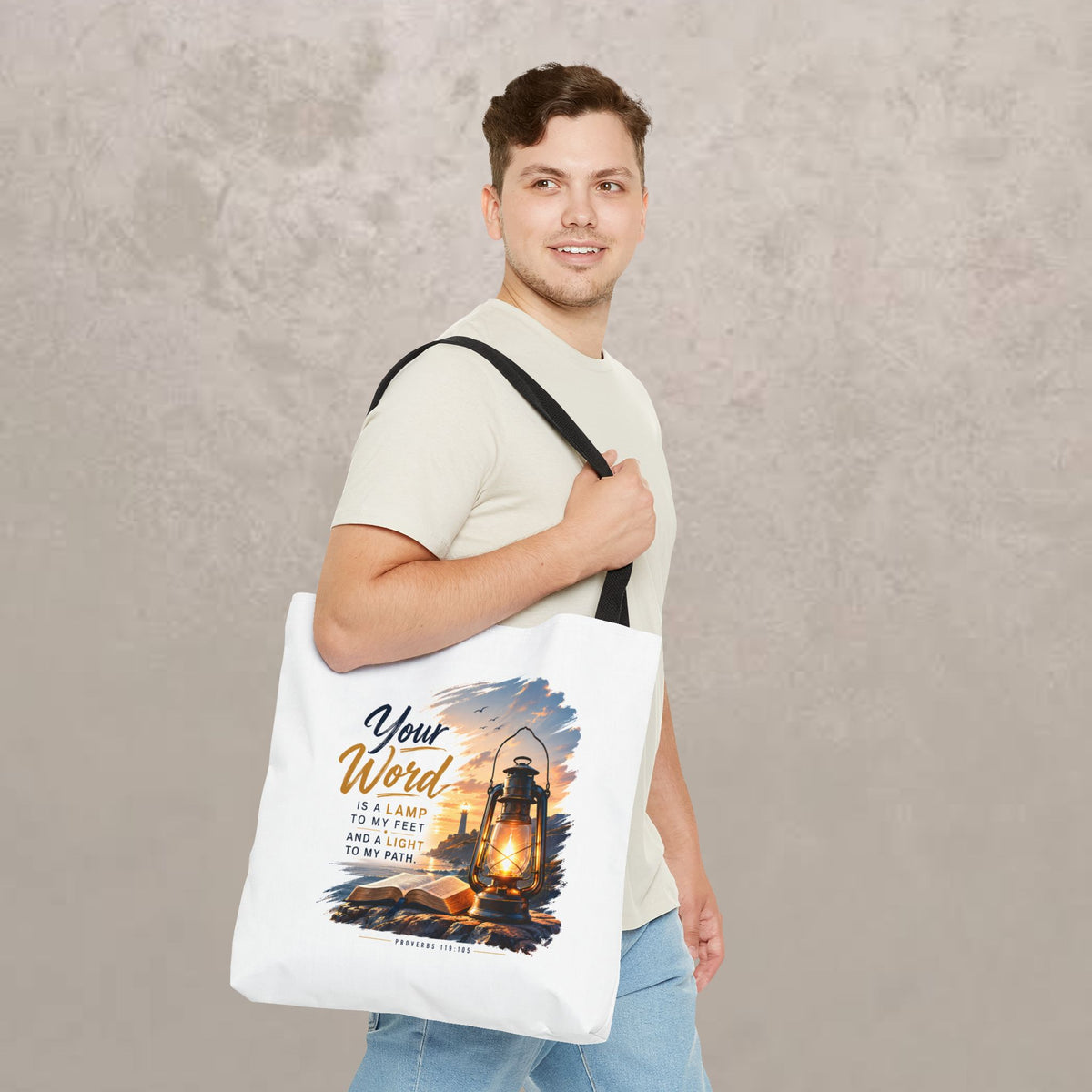 Faith Lantern Tote Bag — "Your Word is a Lamp" Christian Scripture Tote
