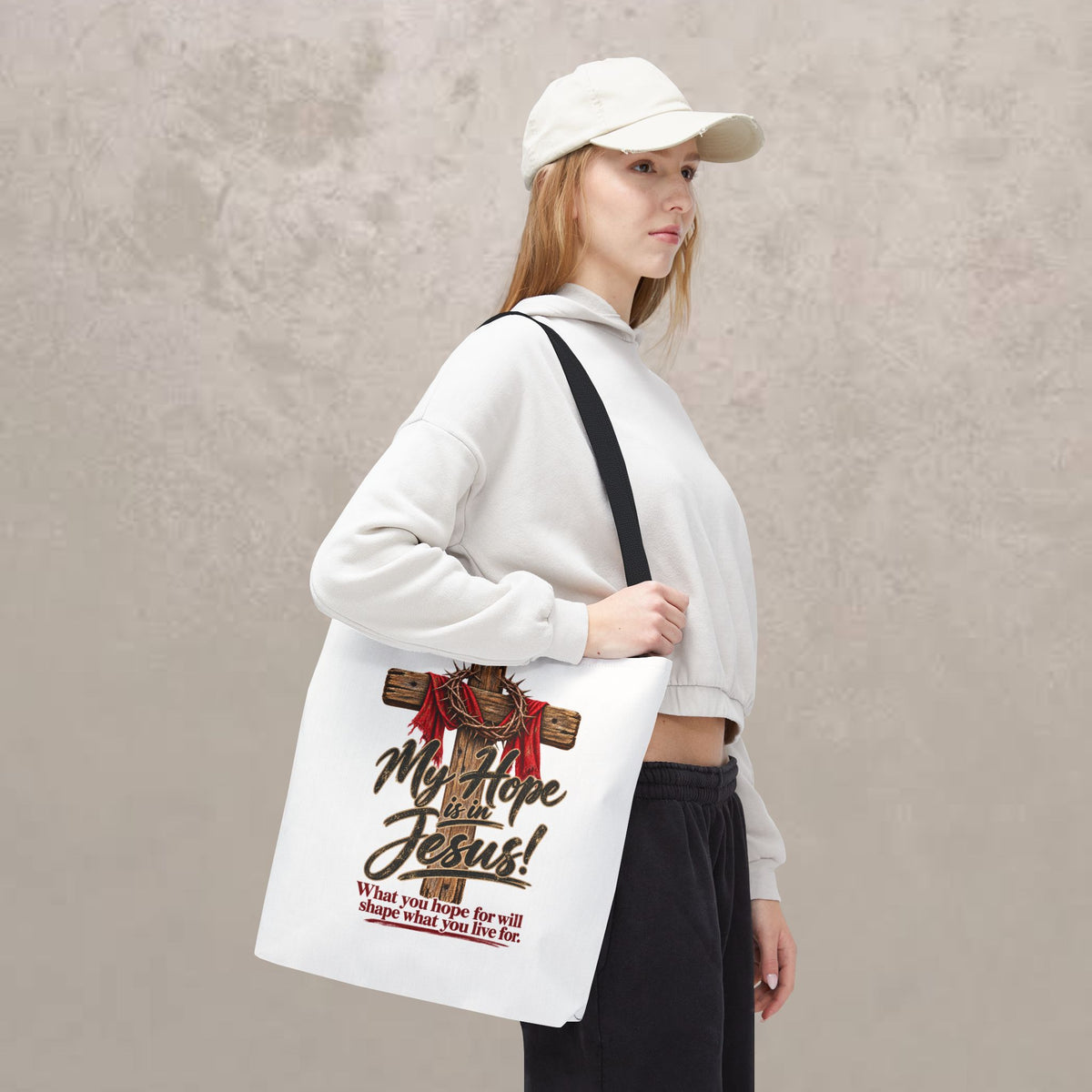 Christian Cross Tote Bag — "My Hope is in Jesus" Inspirational Canvas Tote