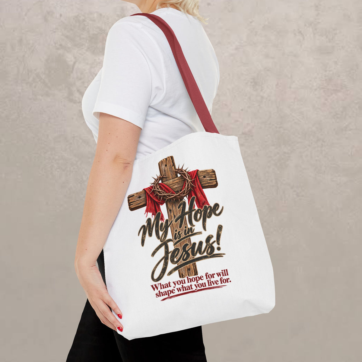 Christian Cross Tote Bag — "My Hope is in Jesus" Inspirational Canvas Tote