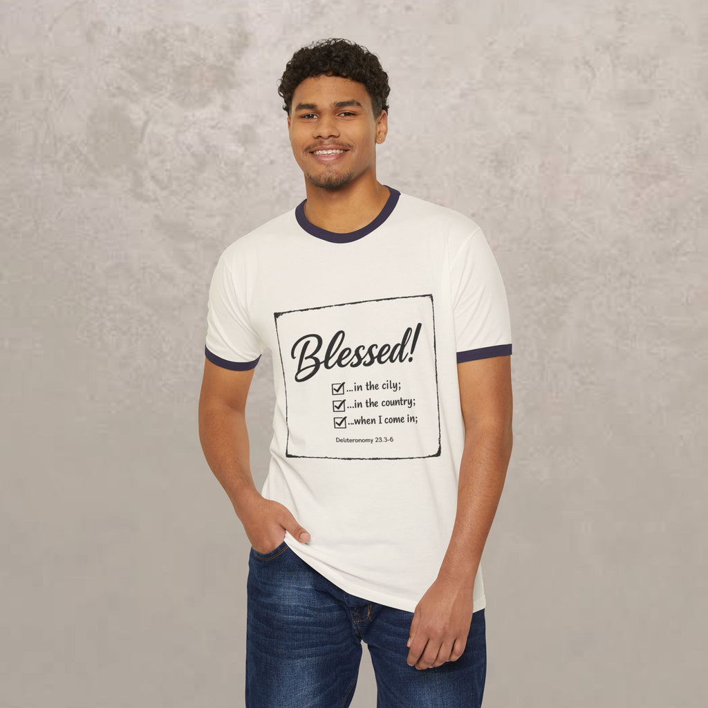Blessed! Ringer T-Shirt — Christian Faith Graphic Tee (Blessed in the City, Country, Home)