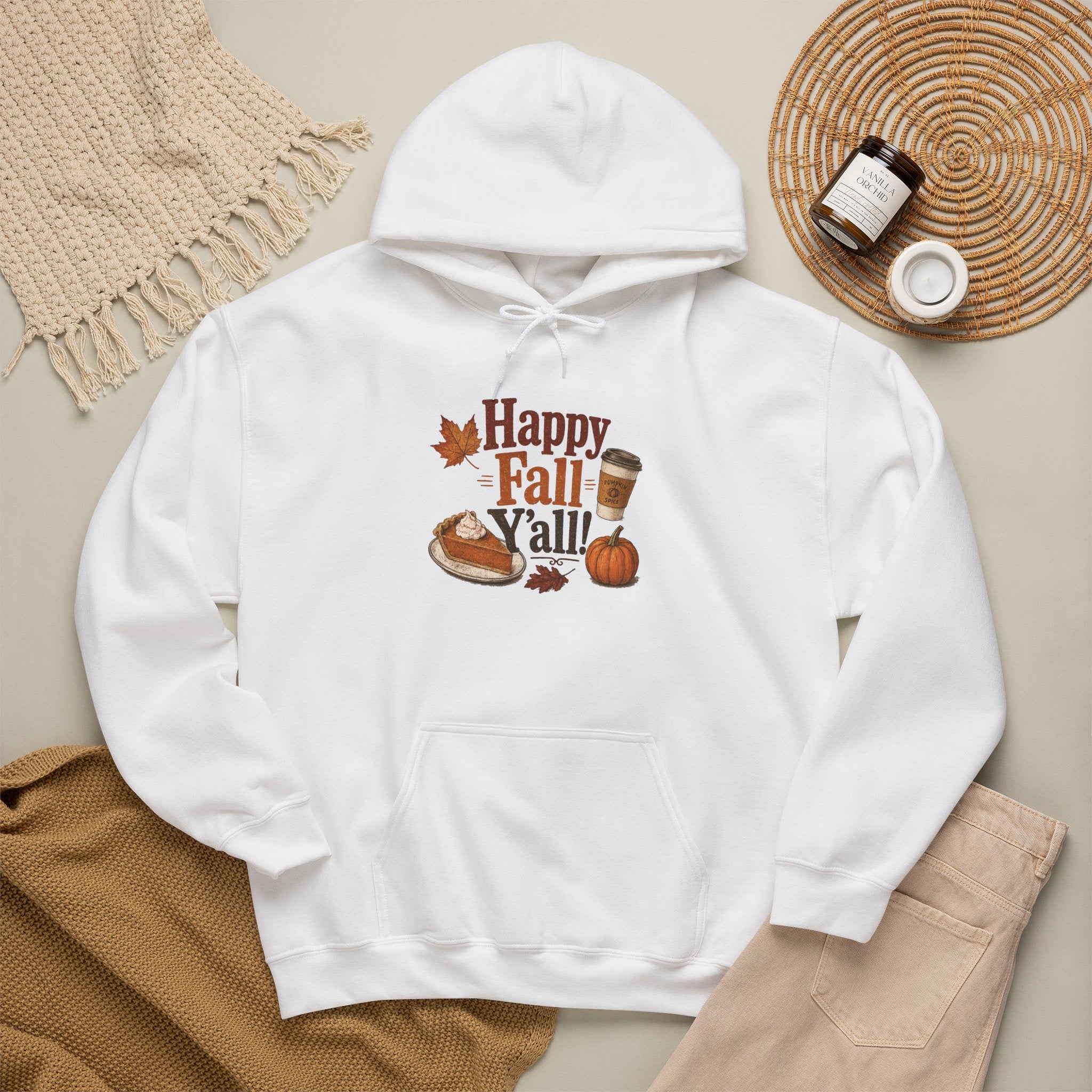Adult Hoodie - Happy Fall Y'all" Pumpkin, Pie & Coffee - Autumn Sweatshirt