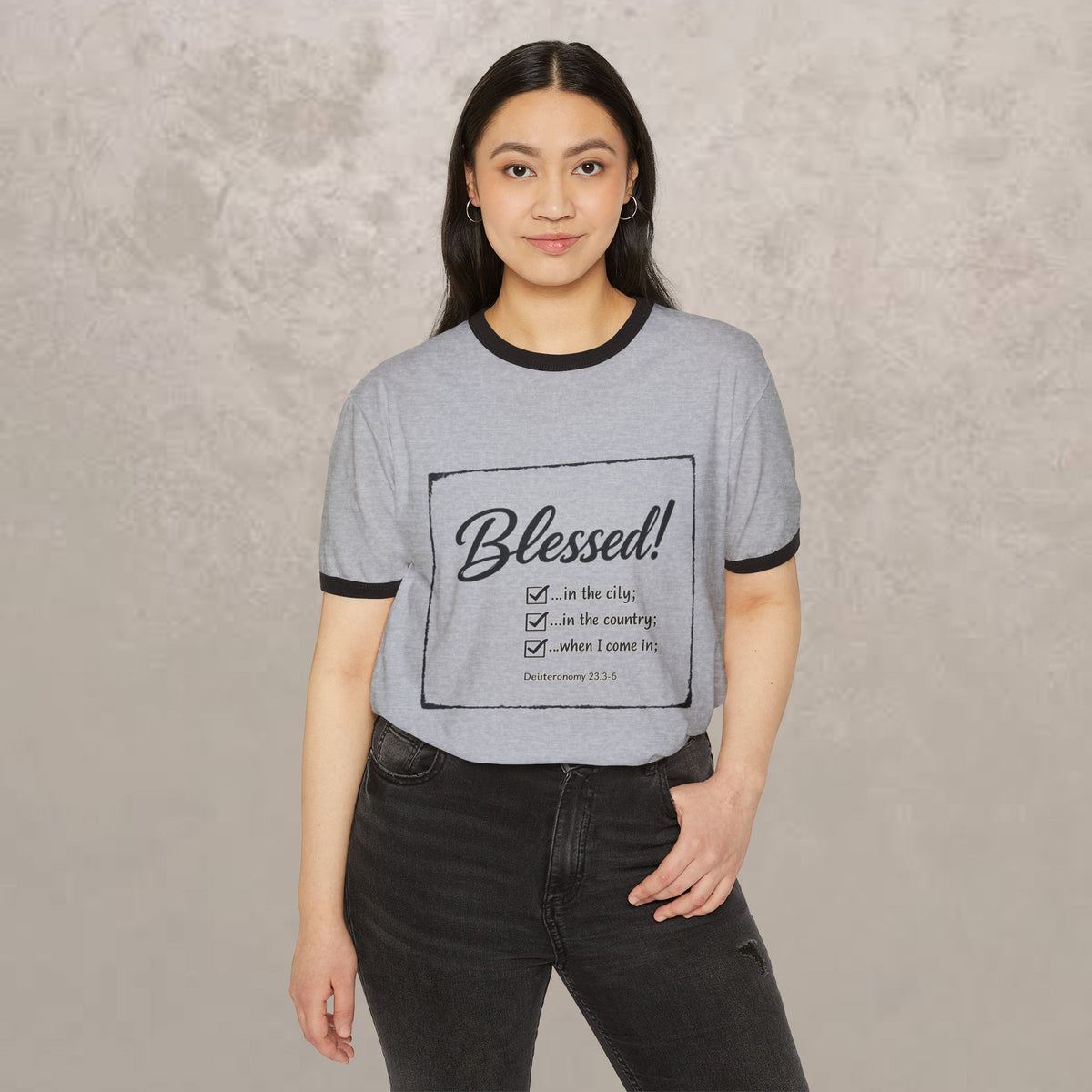 Blessed! Ringer T-Shirt — Christian Faith Graphic Tee (Blessed in the City, Country, Home)