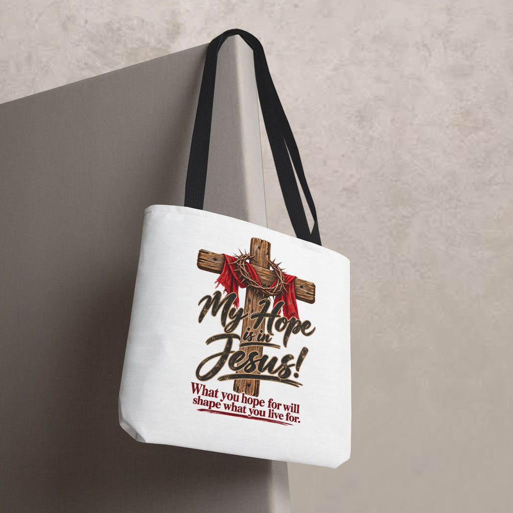 Christian Cross Tote Bag — "My Hope is in Jesus" Inspirational Canvas Tote