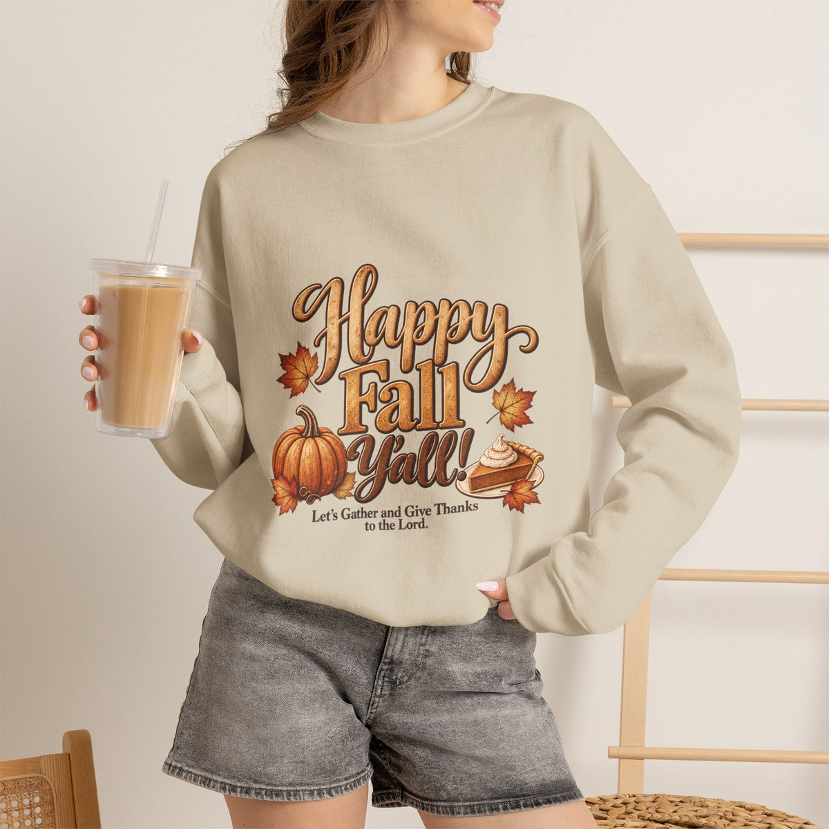 Happy Fall Y'all!  - Let's Gather and Give Thanks to the Lord Sweatshirt - Autumn Pumpkins & Leaves Crewneck