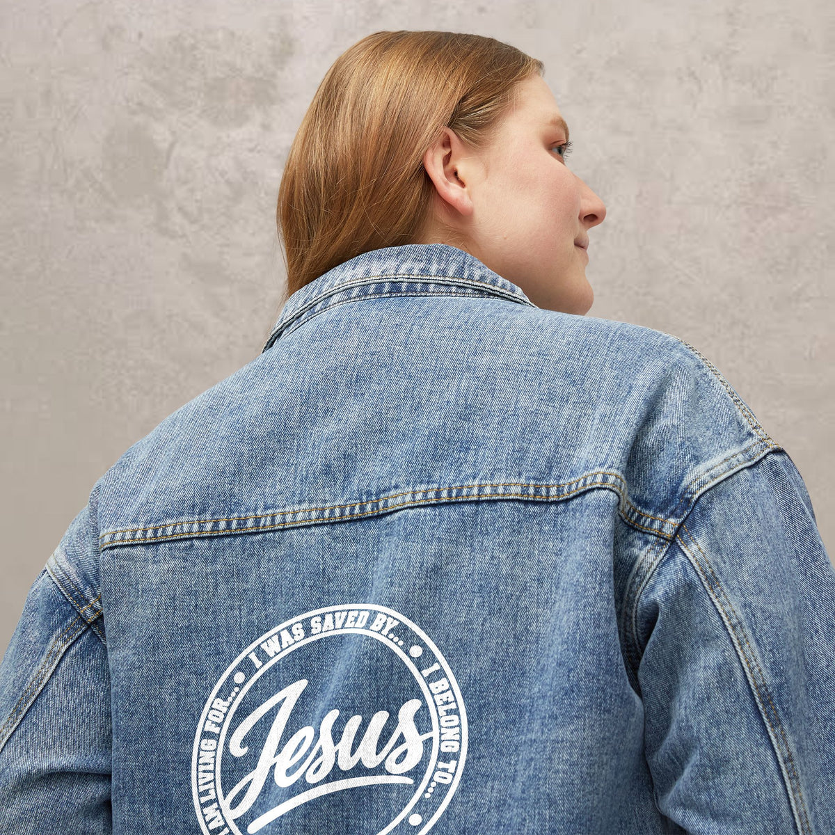 Women's Denim Jacket – 'Jesus - I Will Follow...' Faith Graphic Back Logo, Christian Spiritual Jacket