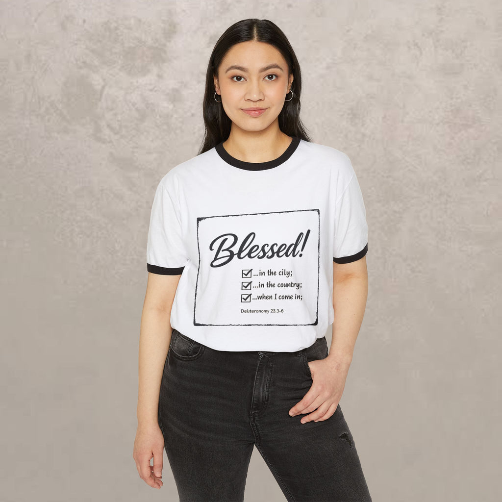Blessed! Ringer T-Shirt — Christian Faith Graphic Tee (Blessed in the City, Country, Home)