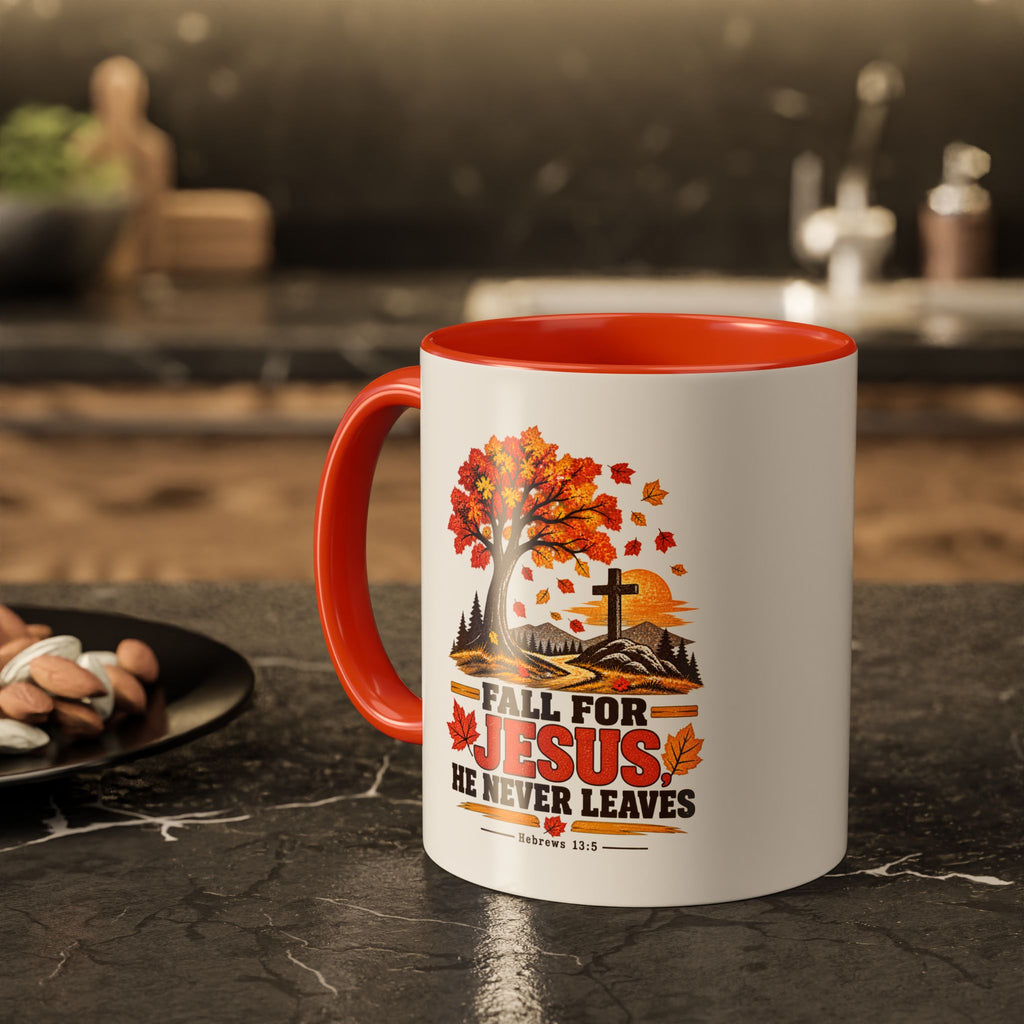 Fall for Jesus - He Never Leaves - Autumn Faith Coffee Cup (11oz/15oz)