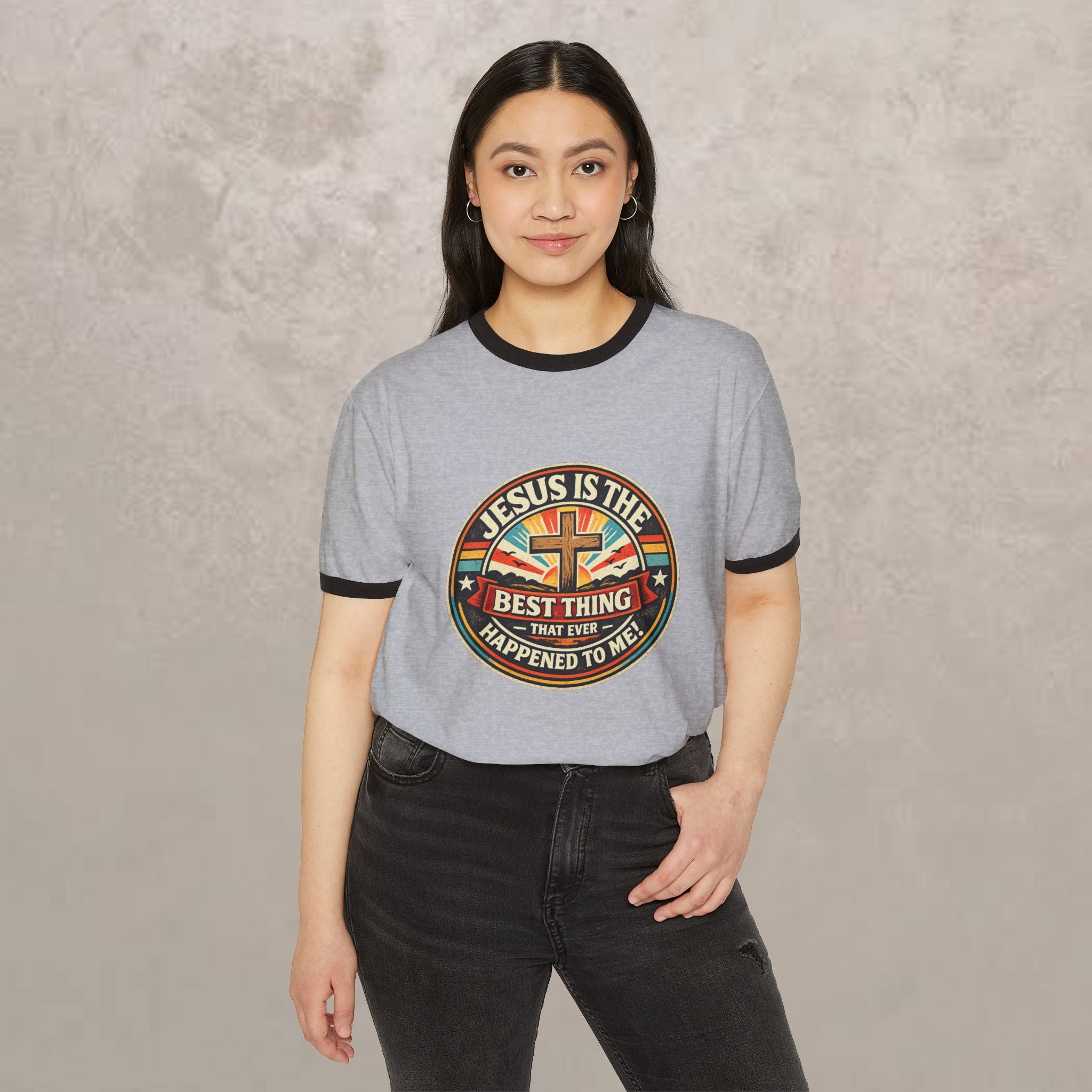 Christian Ringer T-Shirt — "Jesus Is The Best Thing That Ever Happened To Me" Vintage Cross Design