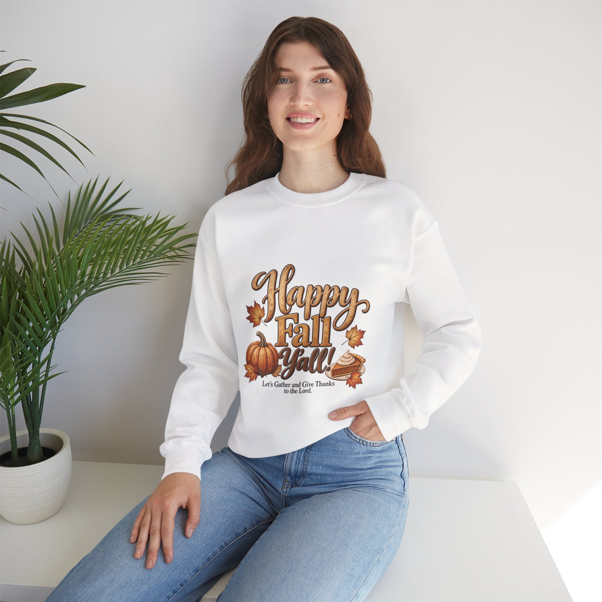 Happy Fall Y'all!  - Let's Gather and Give Thanks to the Lord Sweatshirt - Autumn Pumpkins & Leaves Crewneck