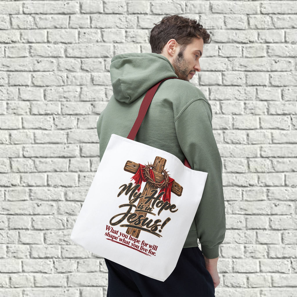Christian Cross Tote Bag — "My Hope is in Jesus" Inspirational Canvas Tote