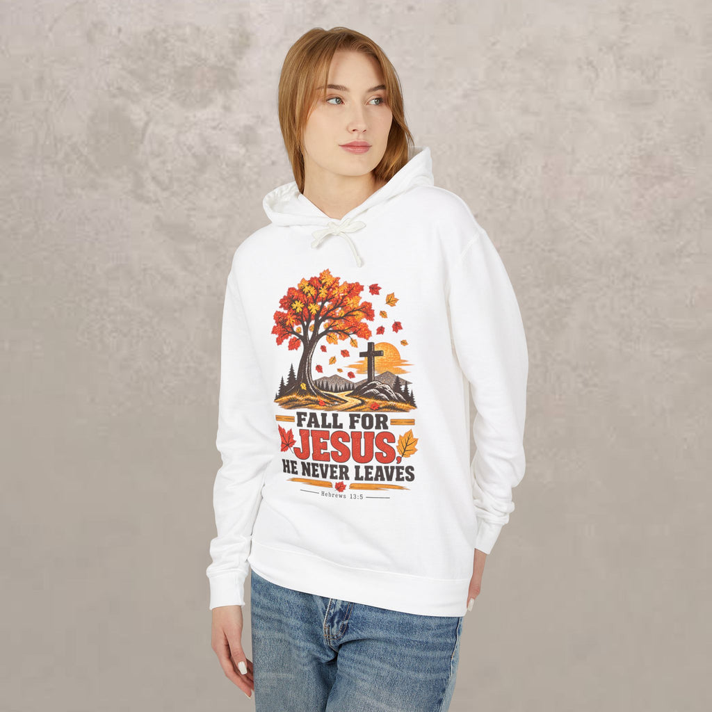 Fall for Jesus Hoodie — He Never Leaves - Autumn Christian Sweatshirt
