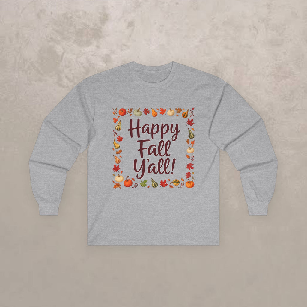 Adult - Happy Fall Y'all - Autumn Leaves Pumpkin Long Sleeve Tee