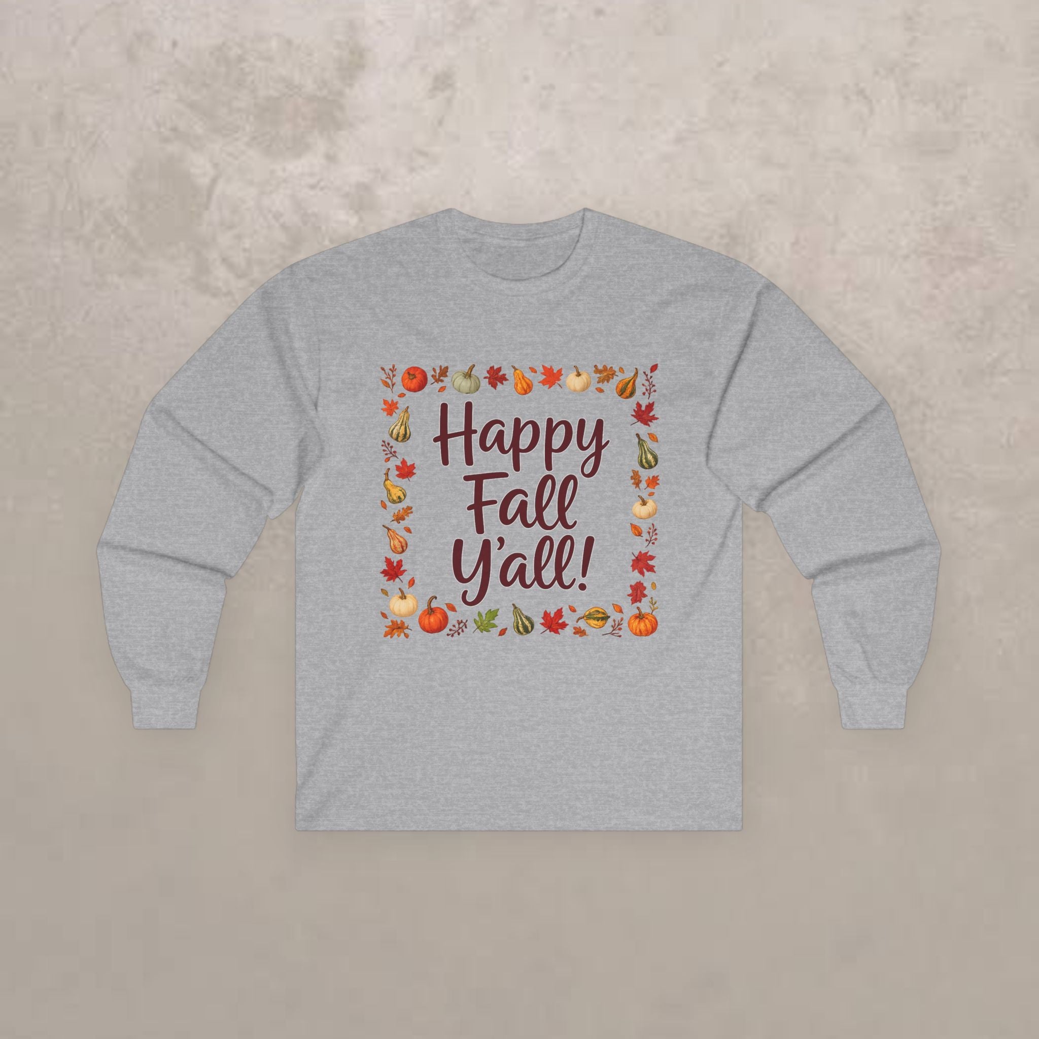 Adult - Happy Fall Y'all - Autumn Leaves Pumpkin Long Sleeve Tee