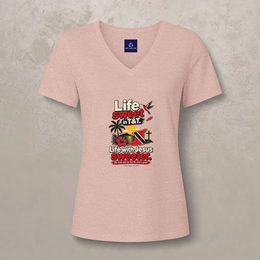 Life Sweet in T&T - Life with Jesus Sweeter - Trinidad Graphic V-Neck Tee