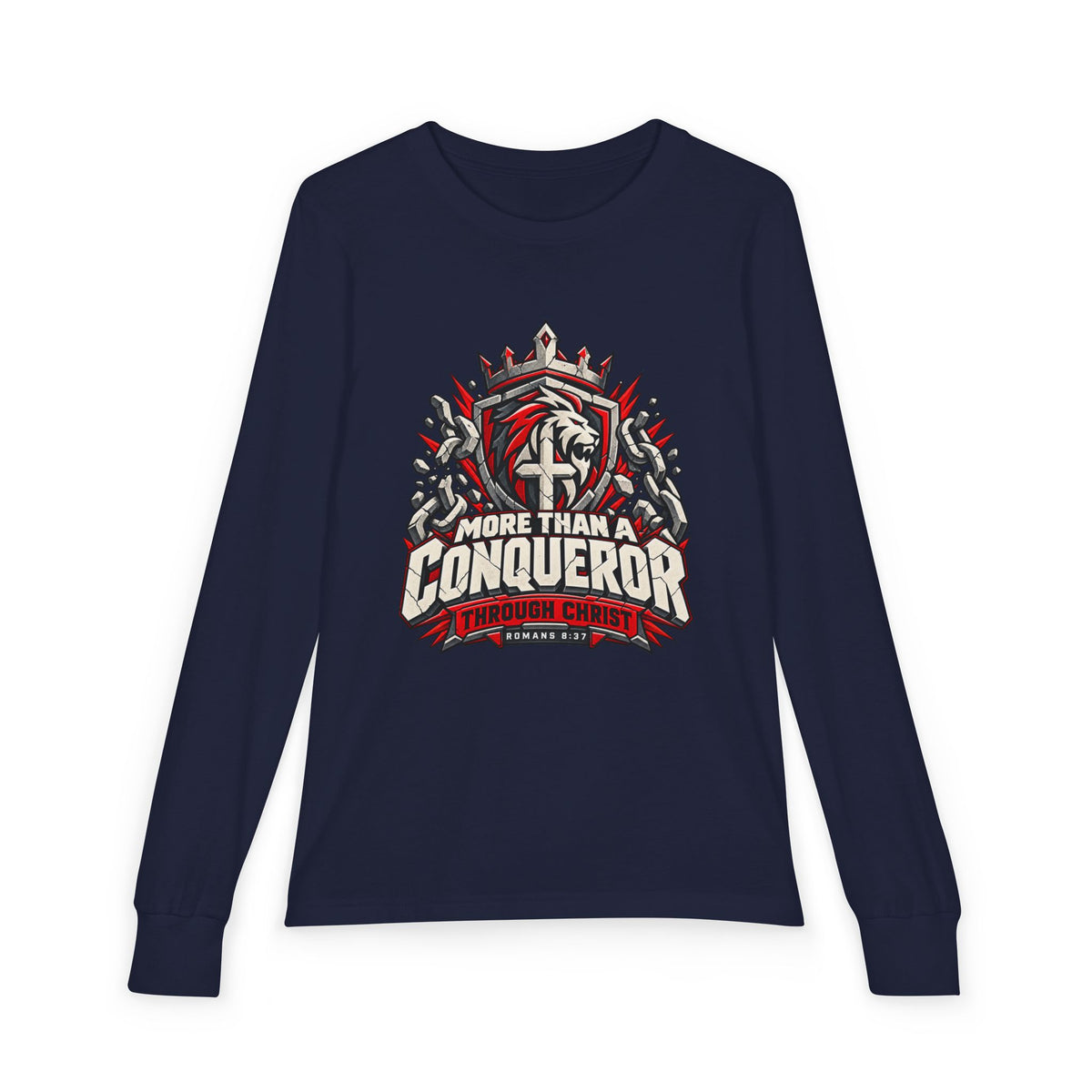 Youth  - More Than A Conqueror -  Christian Faith Shield Design Long Sleeve Tee