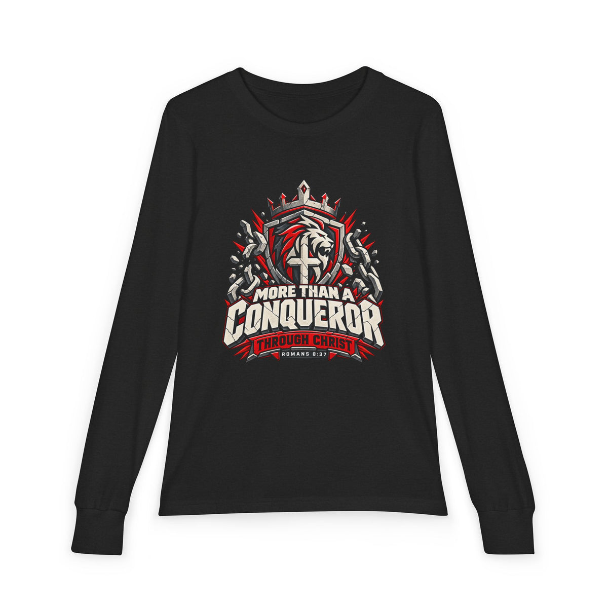 Youth  - More Than A Conqueror -  Christian Faith Shield Design Long Sleeve Tee