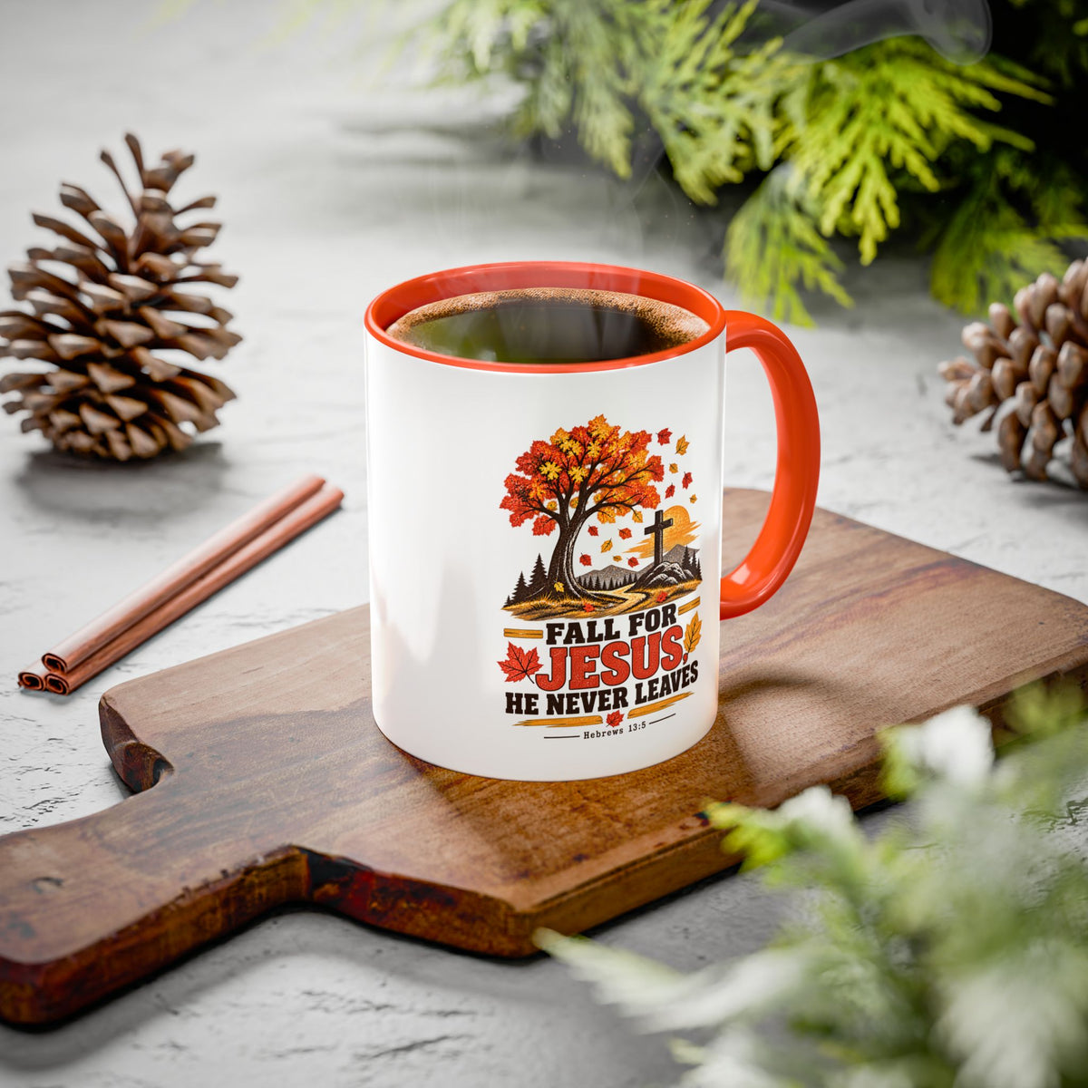 Fall for Jesus - He Never Leaves - Autumn Faith Coffee Cup (11oz/15oz)
