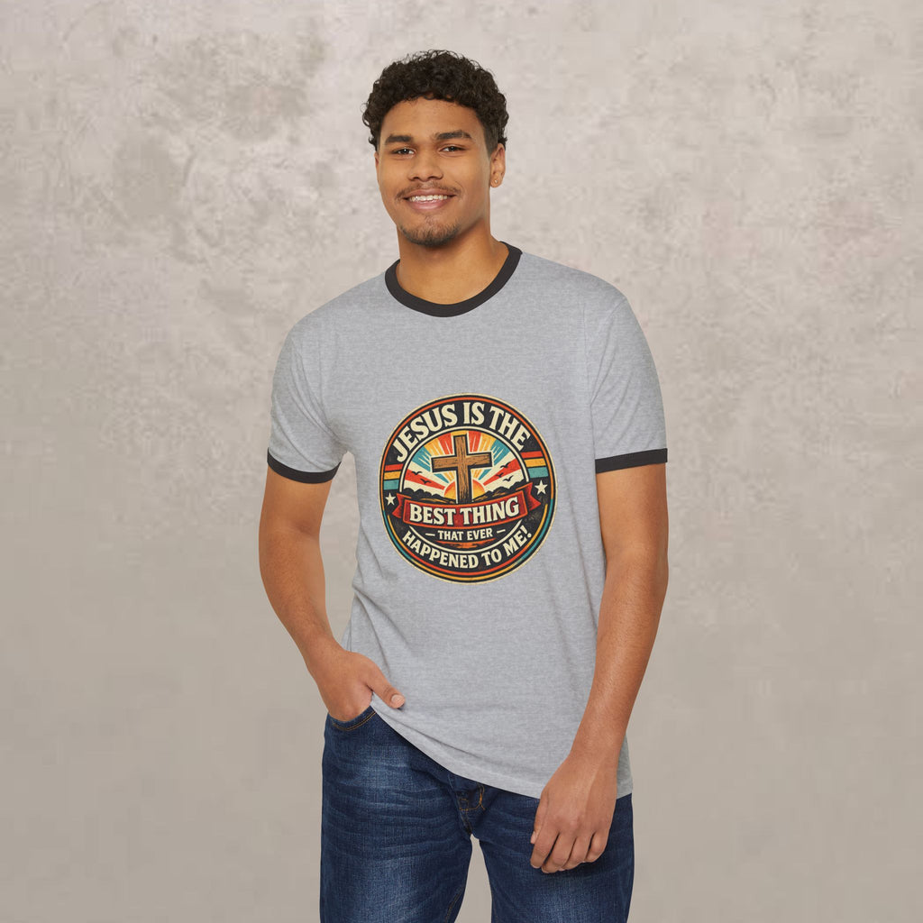 Christian Ringer T-Shirt — "Jesus Is The Best Thing That Ever Happened To Me" Vintage Cross Design