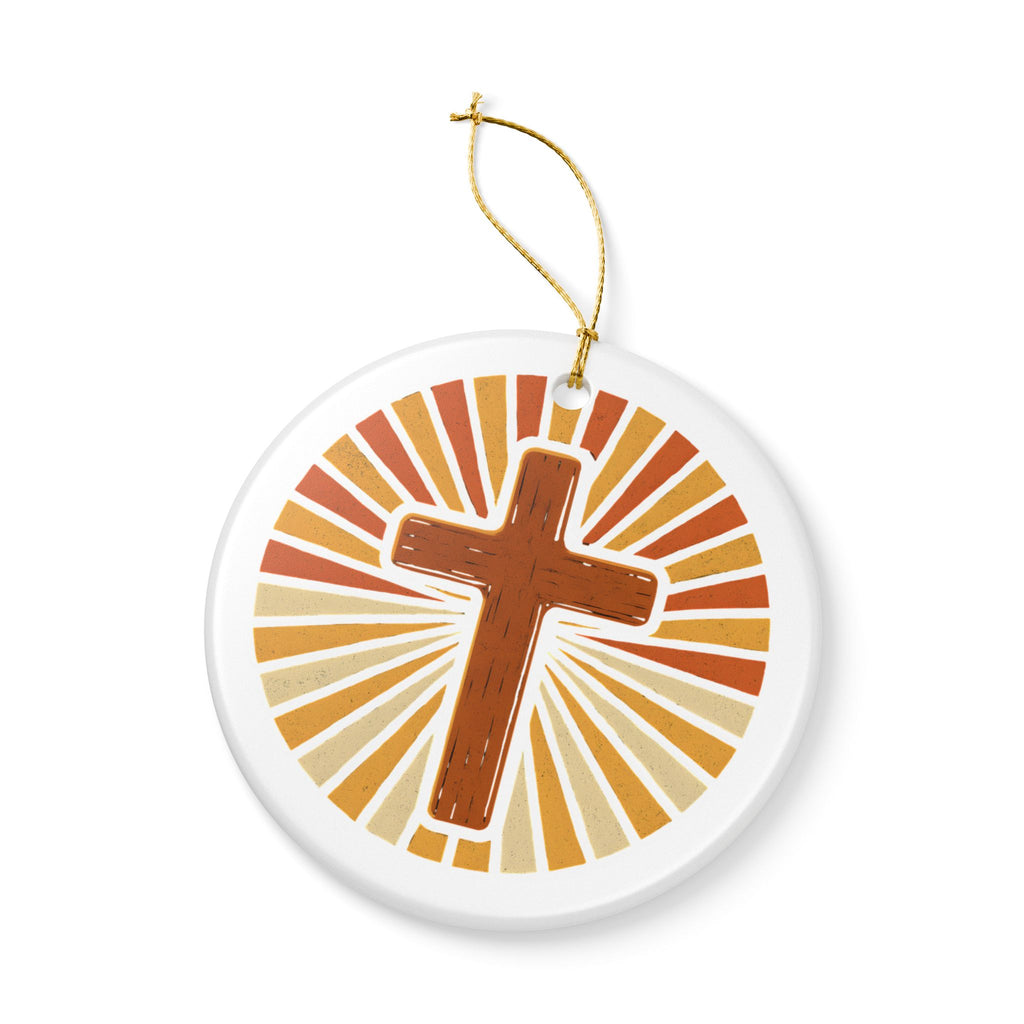 Ceramic Cross Ornament with Radiant Sunburst Design - with Gift Packaging